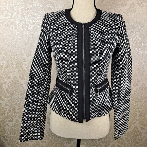 Calvin Klein Size 4P Black White Pattern Zip Front Jacket Blazer Round Neck - Picture 1 of 11